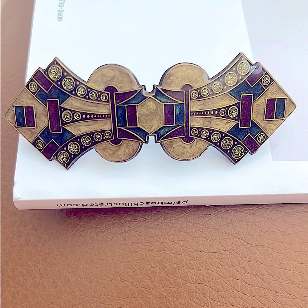 🎀NWOT MadeInFranceStunningArtDecoBarrette.Glistening.TanGreenWine&IceRhinestones